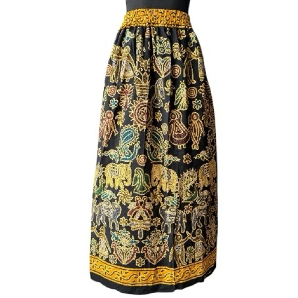 Handmade Emchit 9674 printed Embroiderey Black and Yellow Maxi Skirt - Picture 3 of 6